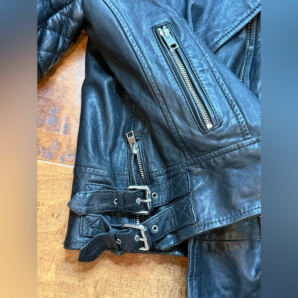 AllSaints Walker Quilted Leather Moto Jacket Black Buckle US 6 - Picture 6 of 13